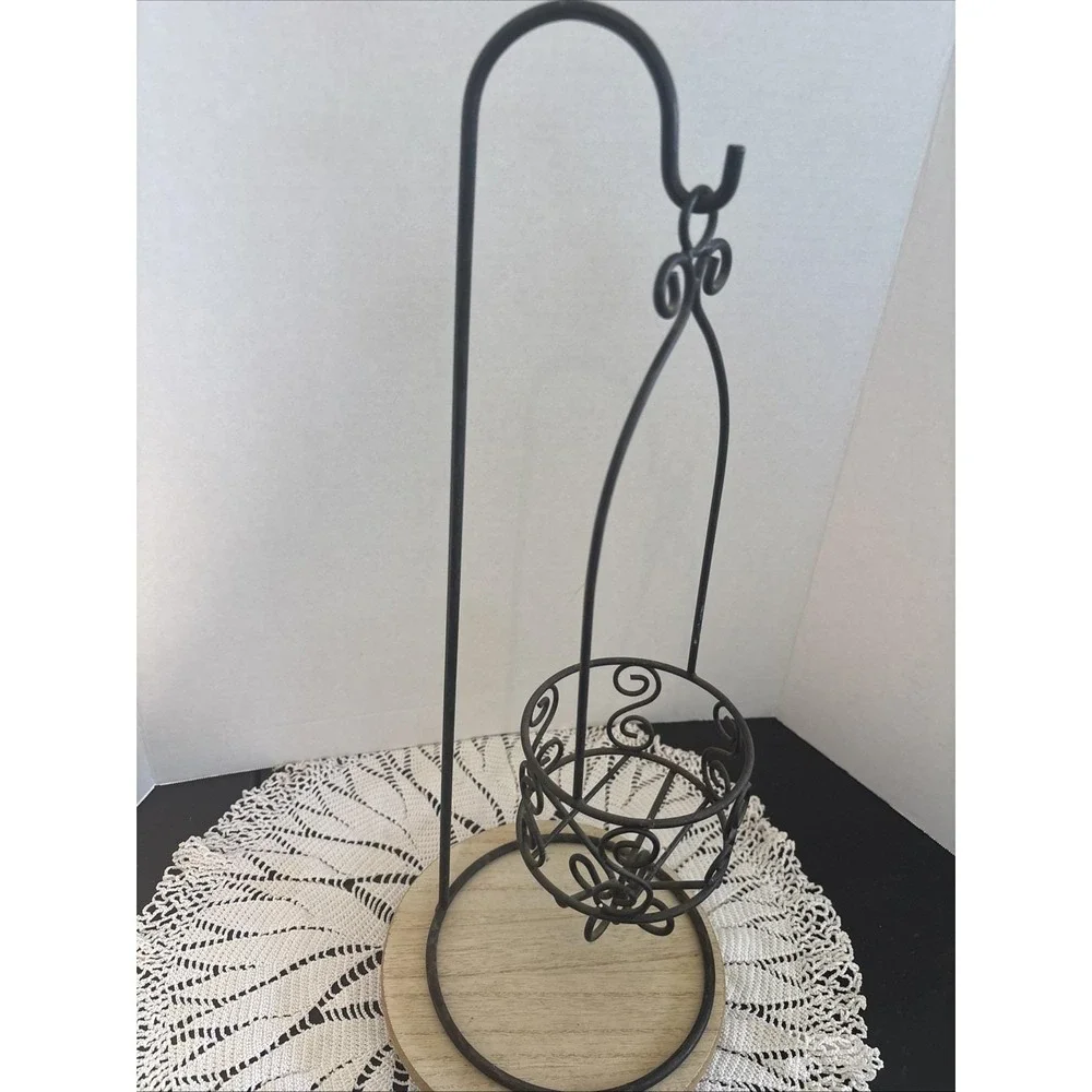 VTG  Wrought Iron Hanging Candle/plant Holder Stand Scroll Black Shepherd Hook
